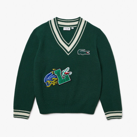 Pull homme Lacoste Holiday avec col en V rayé et badge BD