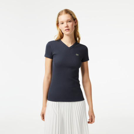 T-shirt femme Lacoste slim fit avec col en V en coton biologique